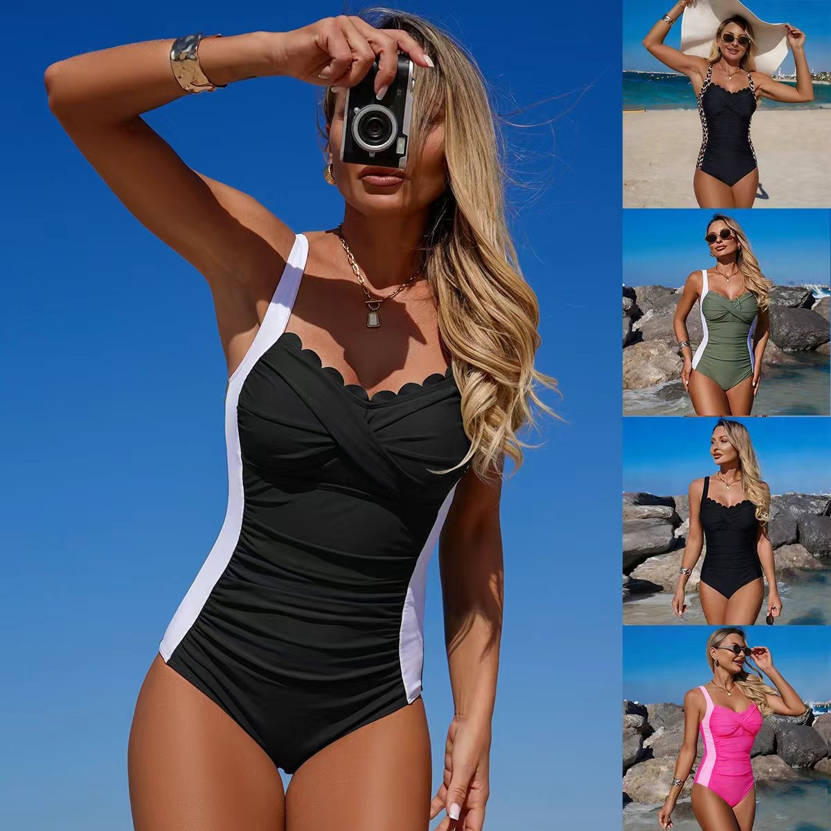 Swimsuit Bikini Ruched - Czarny strój kąpielowy z falbanką przy